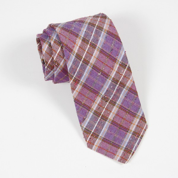 Purple/Orange Linen-Silk Plaid Tie