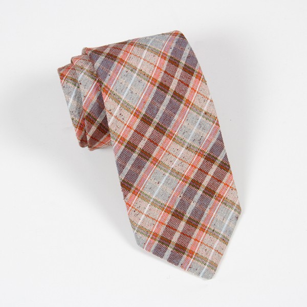 Brown/Orange Linen-Silk Plaid Tie